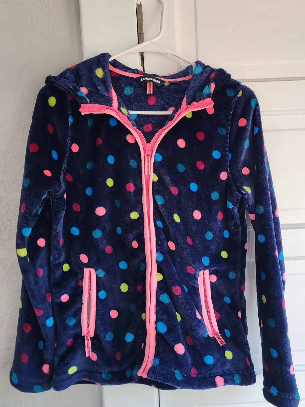 Kids XL NwT Lands' End Navy Fleece Hoodie with Neon Polka Dots and Pink Trim